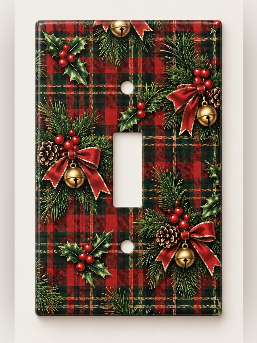 Christmas Plaid Holly Bell Pine Toggle Light Switch Cover Plate